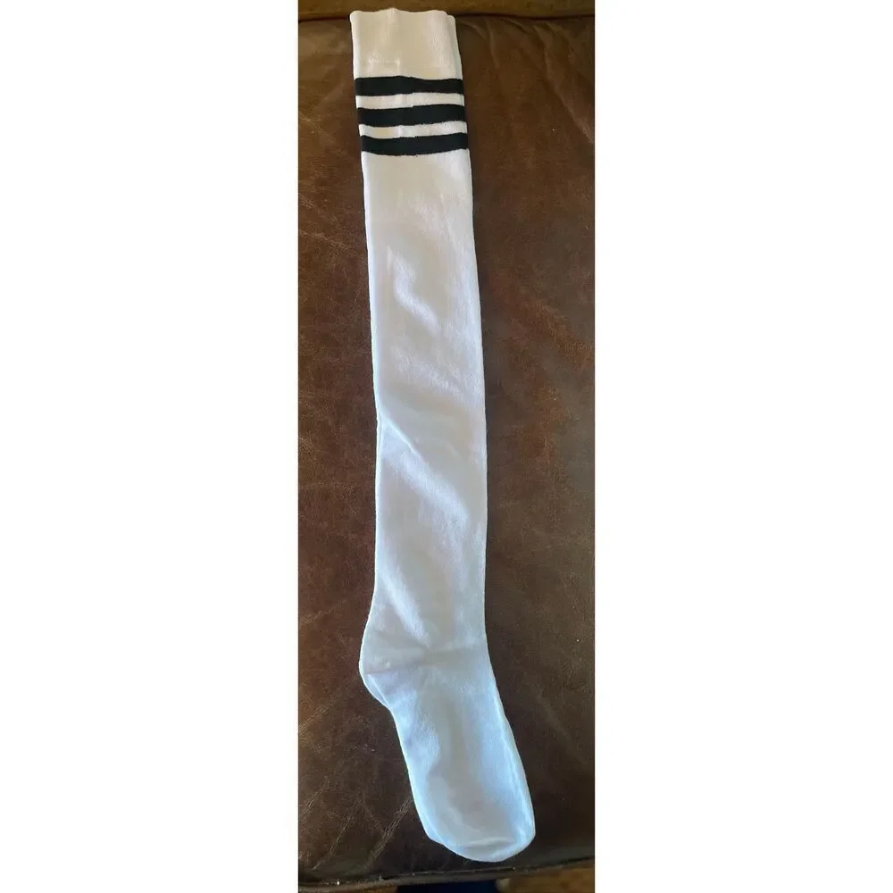 White Thigh-High Socks With Black 3-Stripe Over-Knee-One Size - Picture 7 of 8